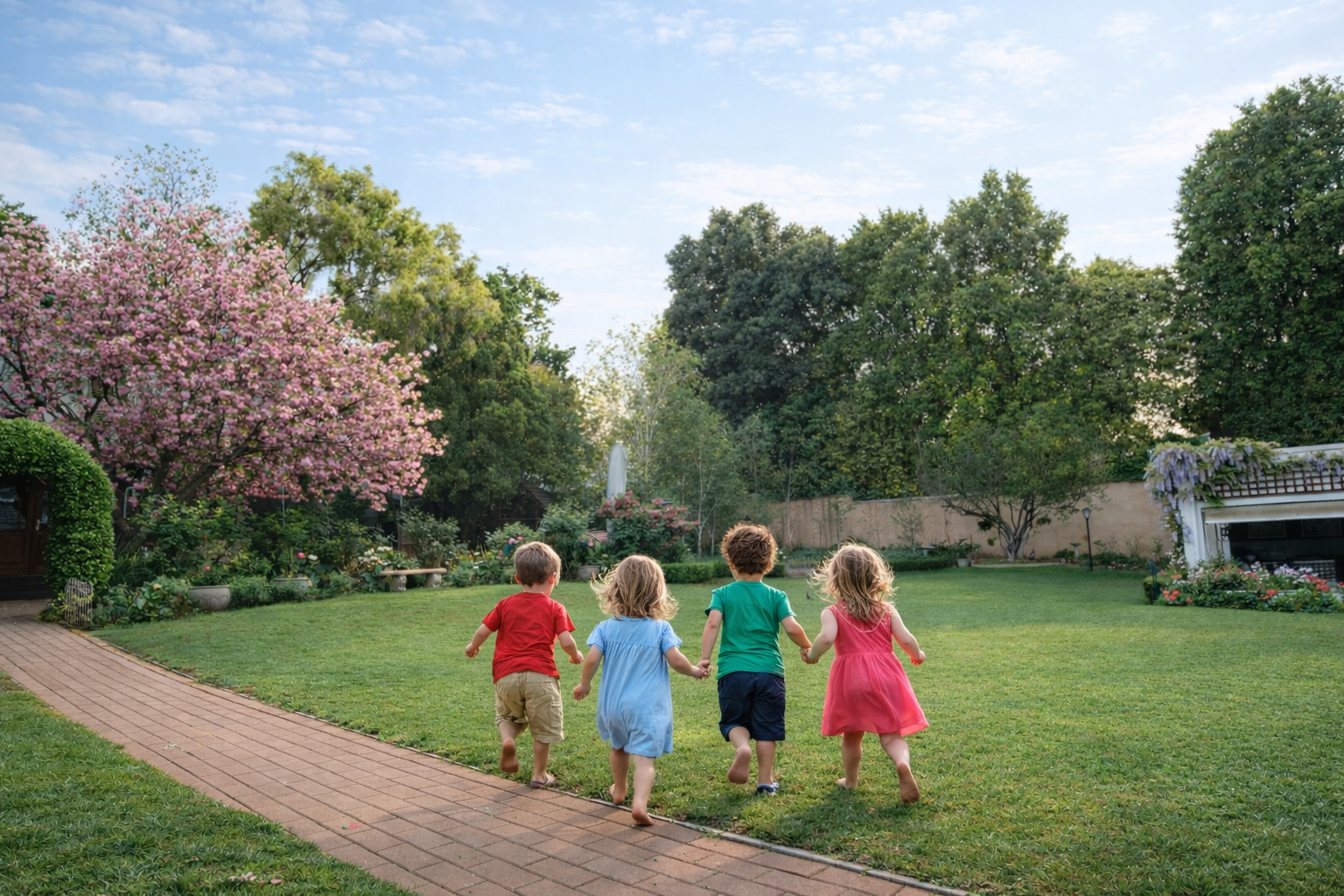Children running across big garden